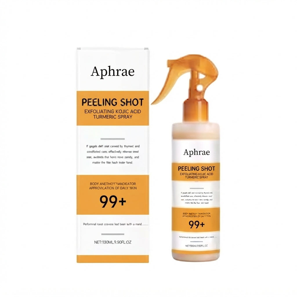 Aphrae Golden Peel Shot exfoliating kojic acid and turmeric body spray, 100ml trigger bottle beside its carton