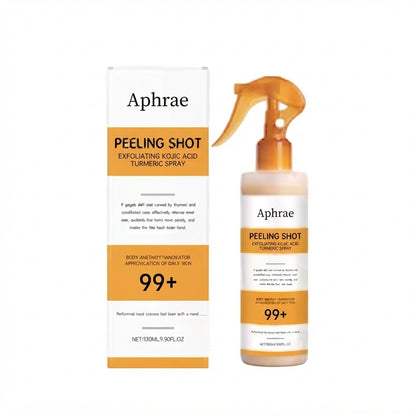 Aphrae Golden Peel Shot exfoliating kojic acid and turmeric body spray, 100ml trigger bottle beside its carton