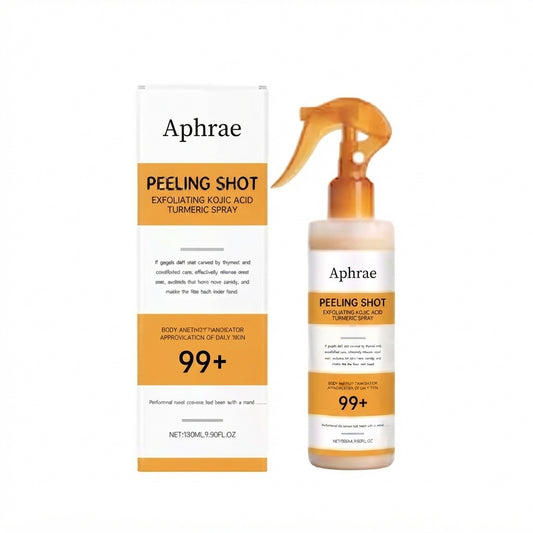 Aphrae Golden Peel Shot exfoliating kojic acid and turmeric body spray, 100ml trigger bottle beside its carton