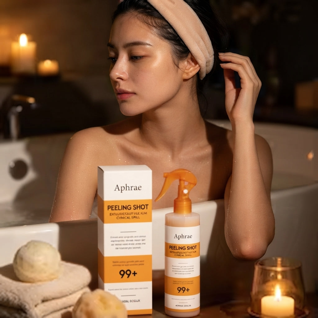 Woman in a hair towel beside a candlelit bath, with Golden Peel Shot and its carton on the ledge