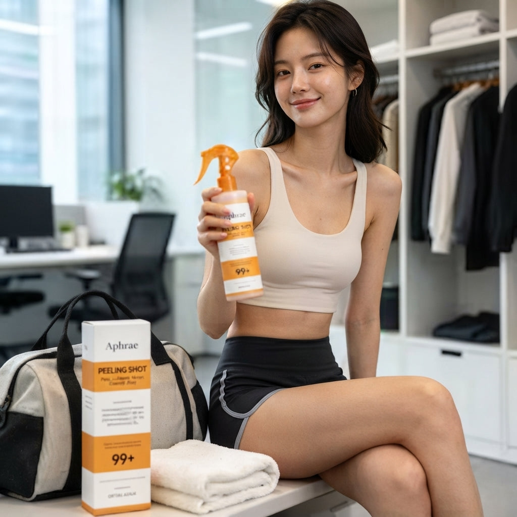 Woman in activewear holding Golden Peel Shot beside a gym bag, with the carton and a folded towel