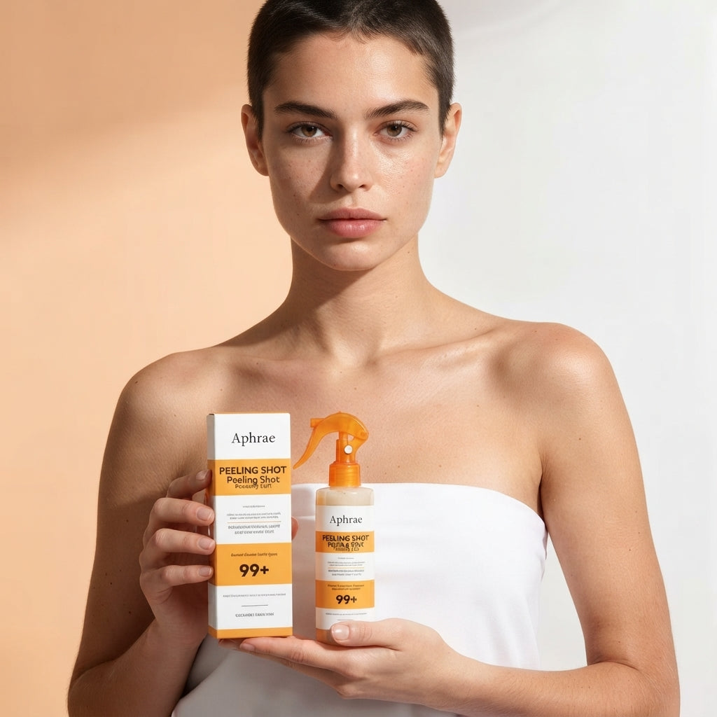 Woman wrapped in a white towel holding Golden Peel Shot and its carton against a warm peach background