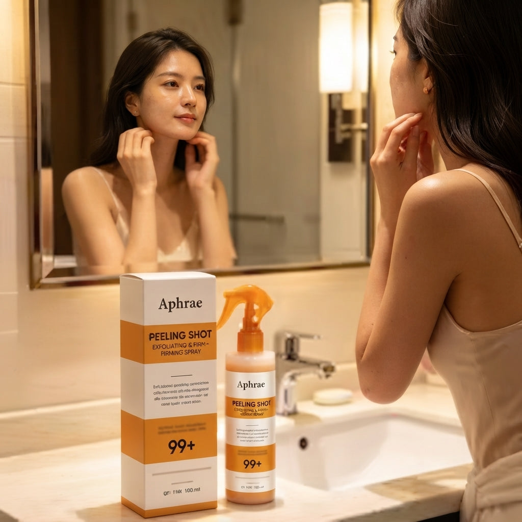 Golden Peel Shot bottle and carton on a bathroom vanity, with a woman reflected in the mirror behind